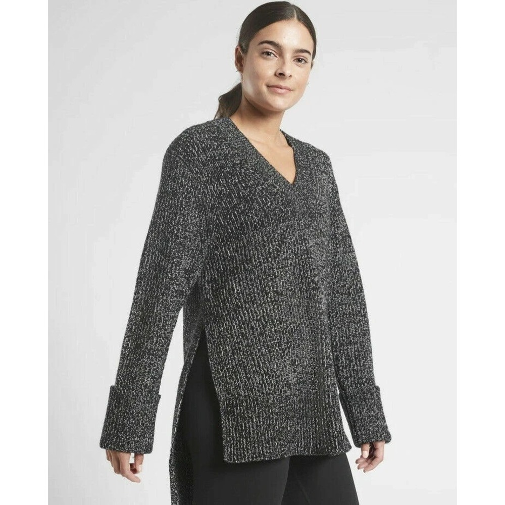 Athleta V-Neck Sweater Shasta Wool Blend Knit Black Marl Split Sides Long Sz M
